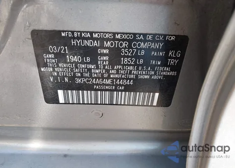 2021 Hyundai Accent Se из США, поврежденный, VIN 3KPC24A64ME144844